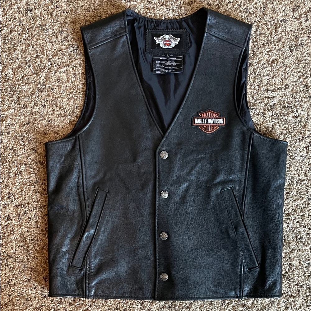 Harley-Davidson Men's Black Leather Vest with Logo Large